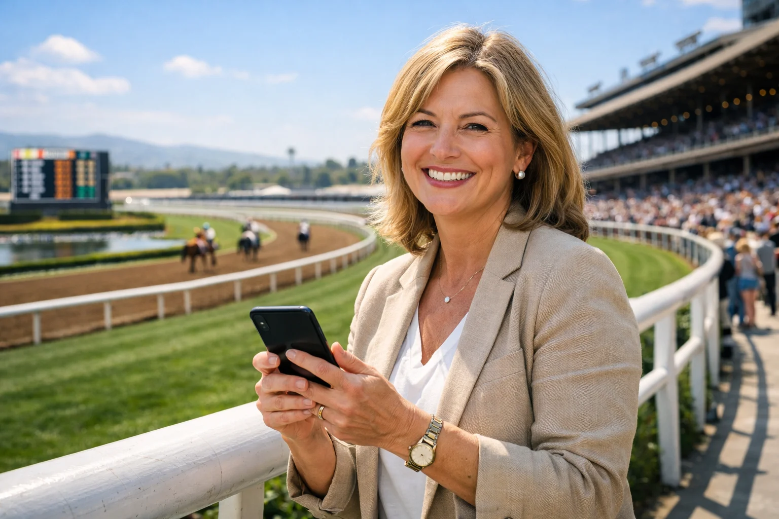 Zufriedener Wetter mit Smartphone vor Rennbahn-Panorama