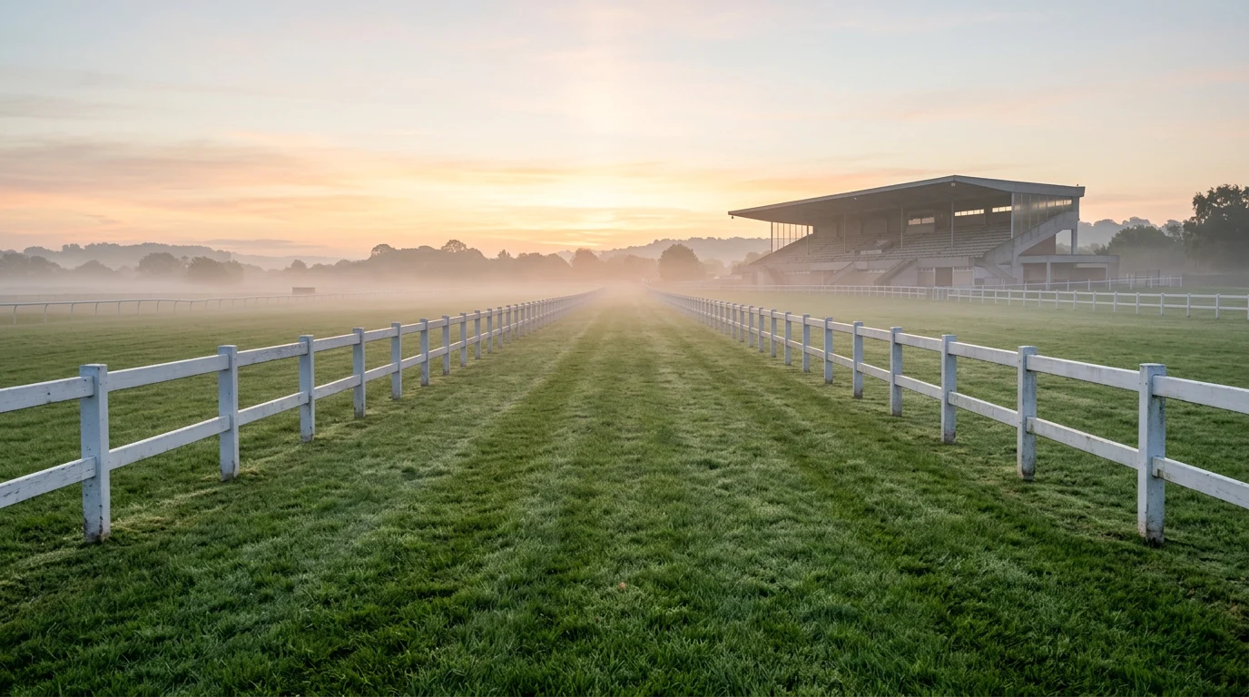 Leere Pferderennbahn am frühen Morgen vor dem Renntag