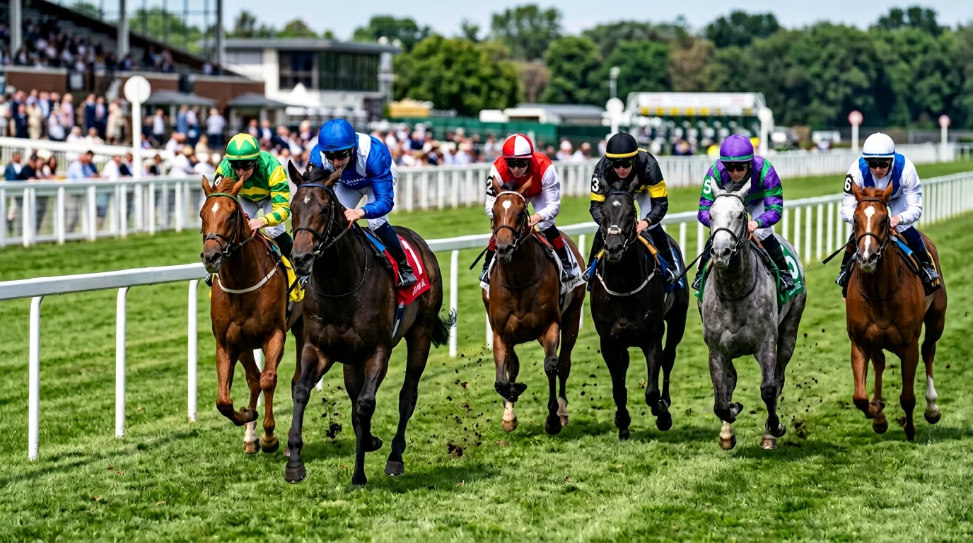 Pferdefeld auf der Rennbahn mit mehreren Pferden in enger Gruppe