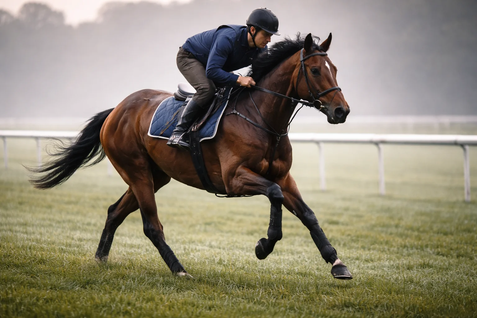 Einzelnes Rennpferd mit Jockey beim Training auf der Bahn