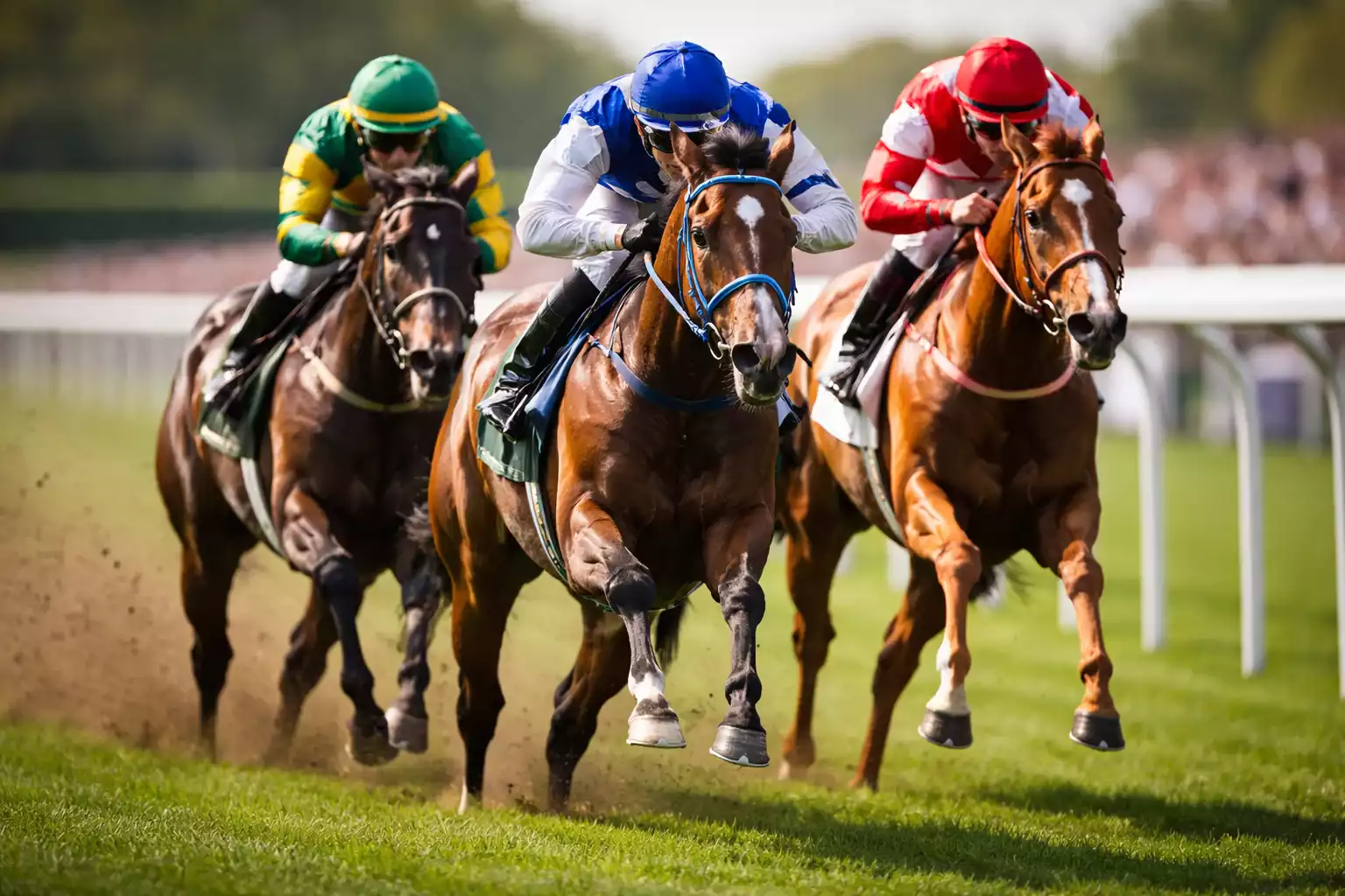 Drei Pferde Kopf an Kopf im Zieleinlauf