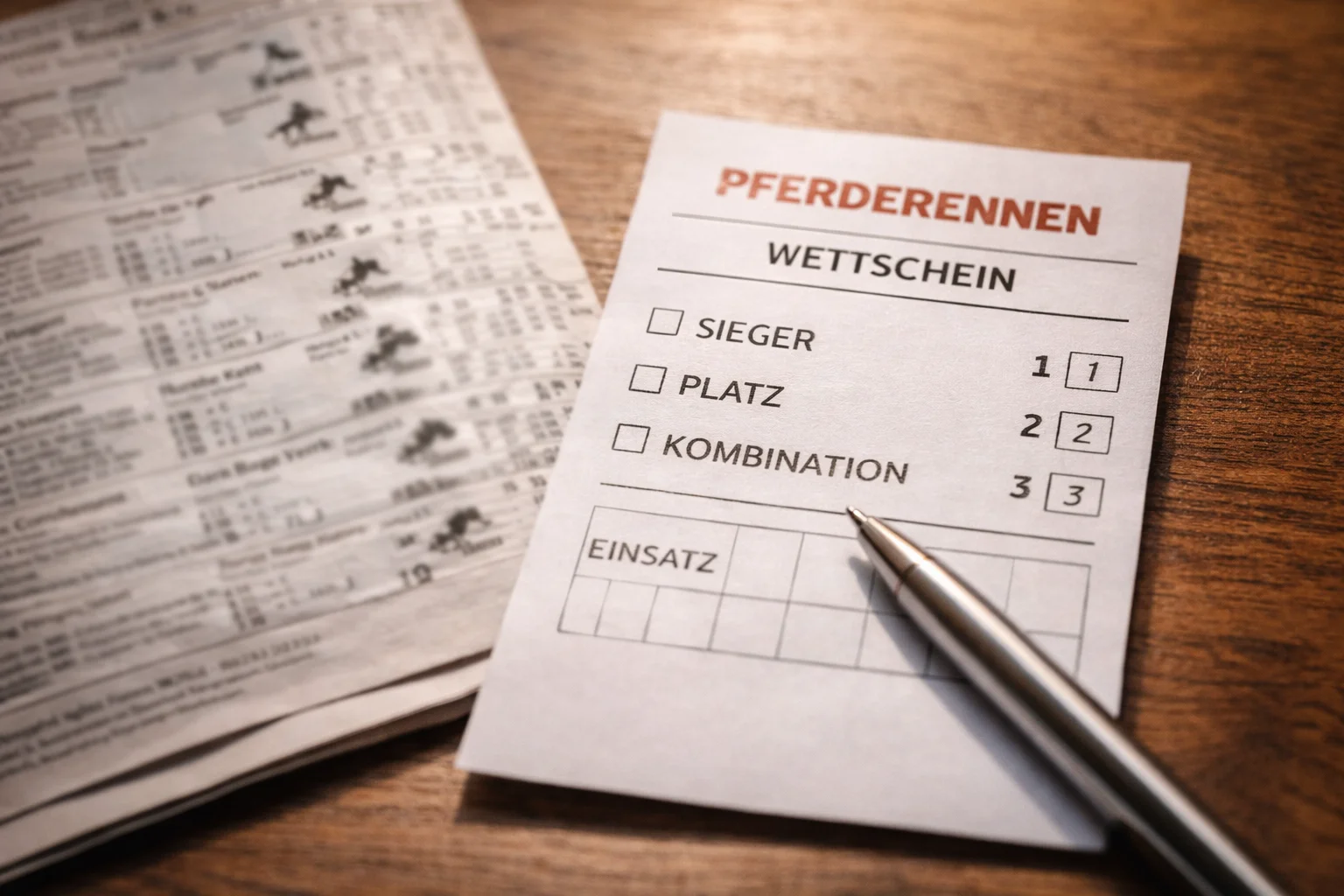 Wettschein mit Stift auf einem Tisch neben einer Racecard