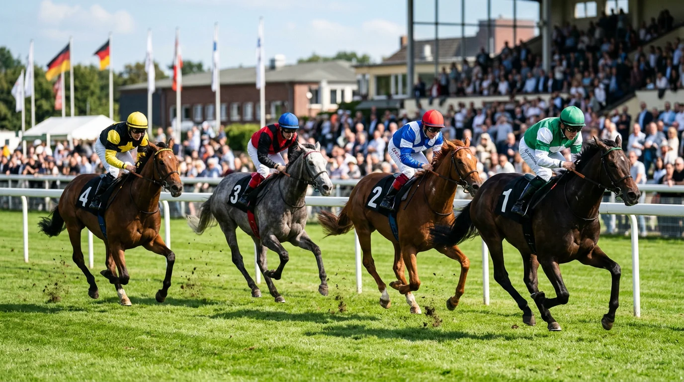 Pferderennen mit Rennpferden in Reihenfolge auf der Zielgeraden