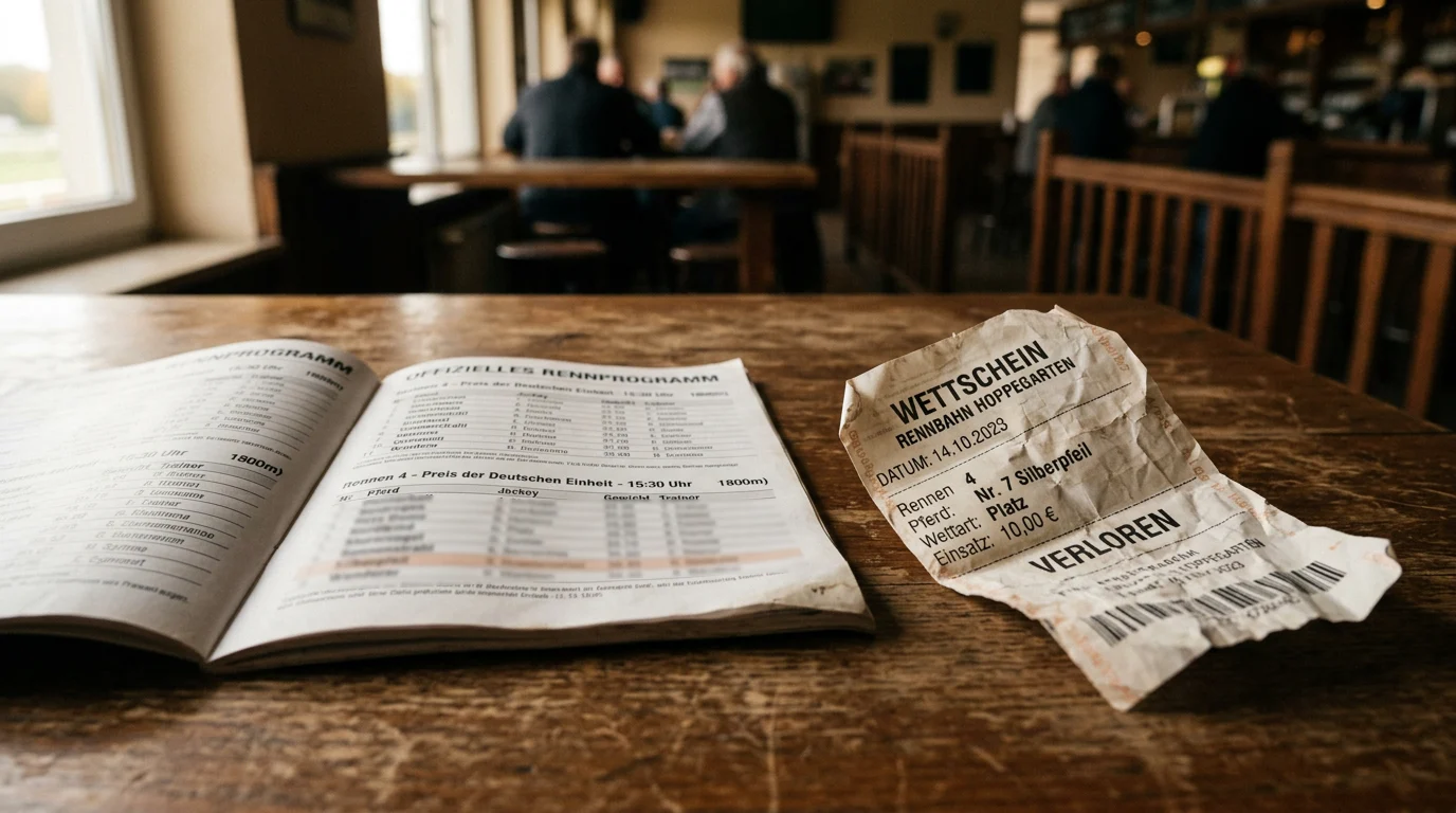 Zerknüllter Wettschein neben einem Rennprogramm auf einem Tisch