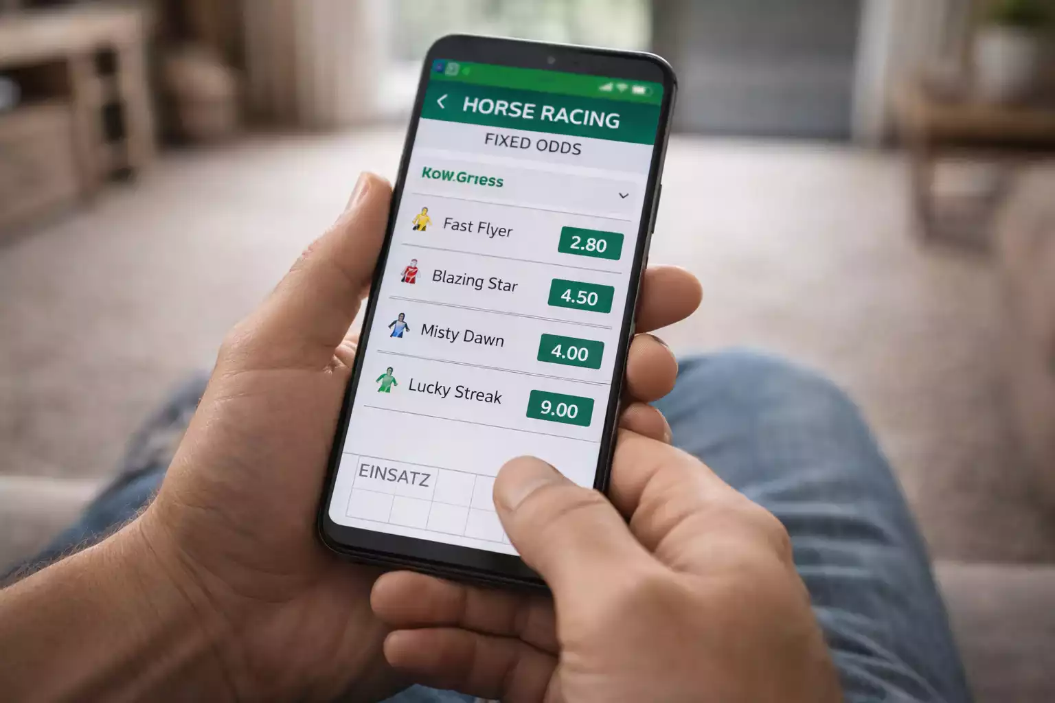 Smartphone mit Wett-App und Festkurs-Quoten