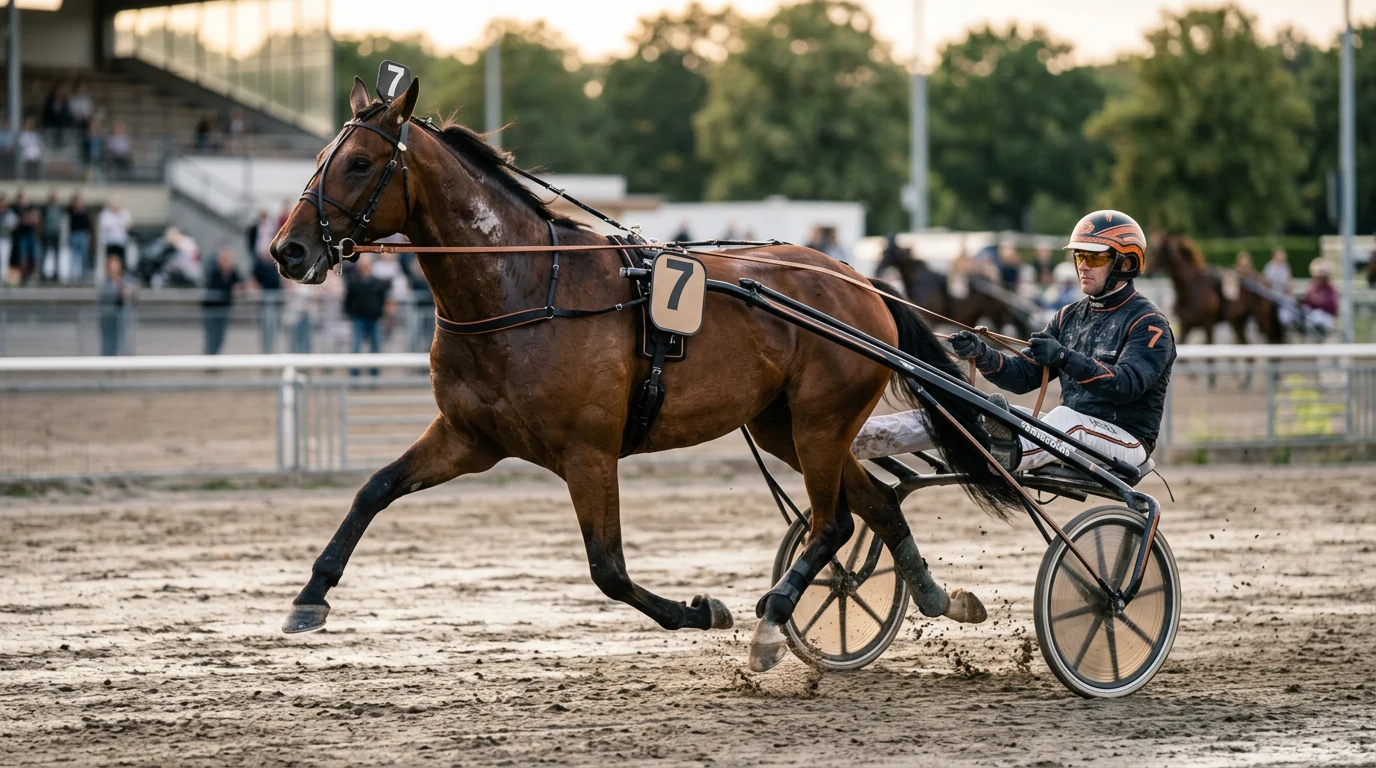 Traber mit Sulky auf einer Trabrennbahn im Wettkampf