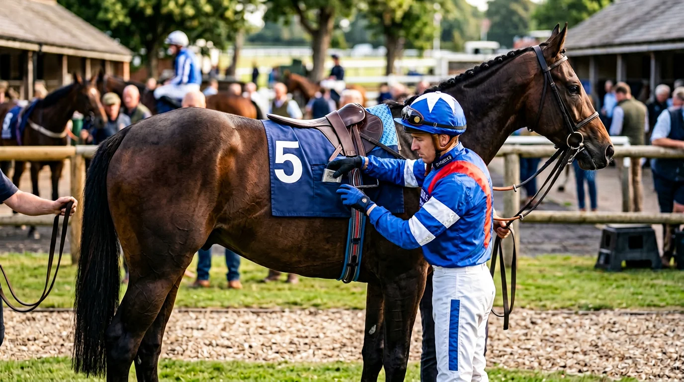 Jockey auf einem Rennpferd mit Handicap-Gewichten im Sattel