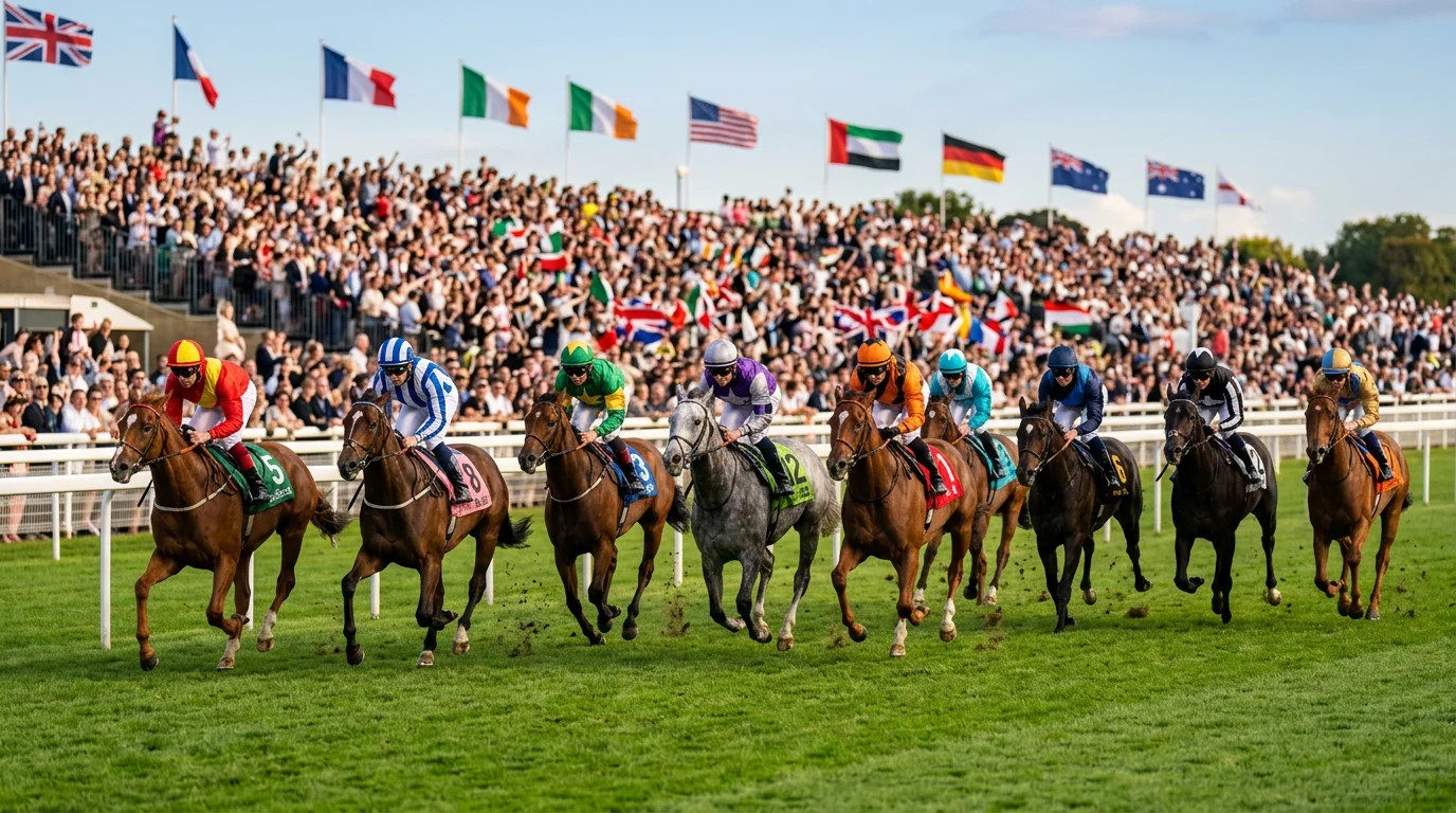 Großes Pferderennen mit vollem Feld auf einer internationalen Rennbahn