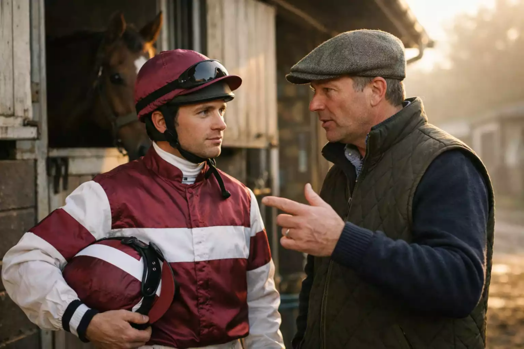Jockey und Trainer besprechen Strategie vor dem Rennen