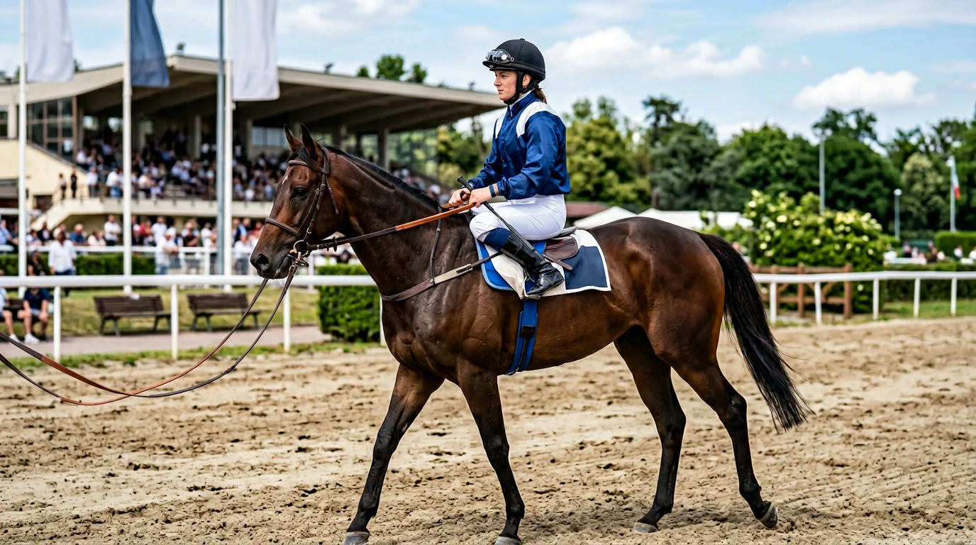 Jockey in bunter Rennkleidung auf einem Pferd vor dem Rennen