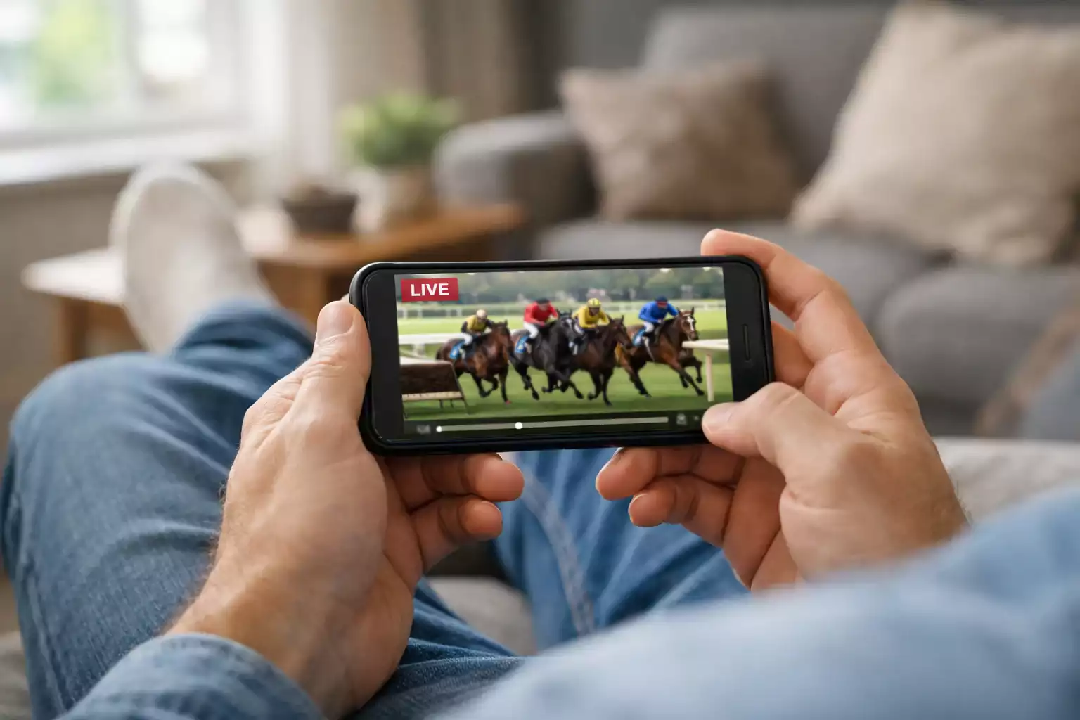 Person schaut Pferderennen-Livestream auf dem Smartphone