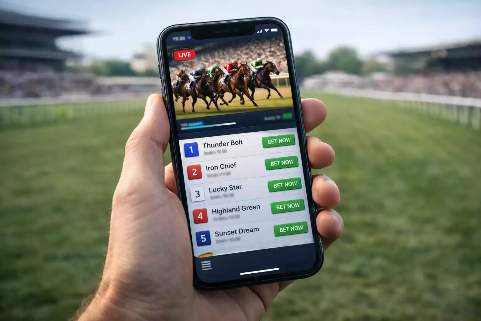 Modernes Smartphone zeigt Wett-App mit Pferderennen-Livestream