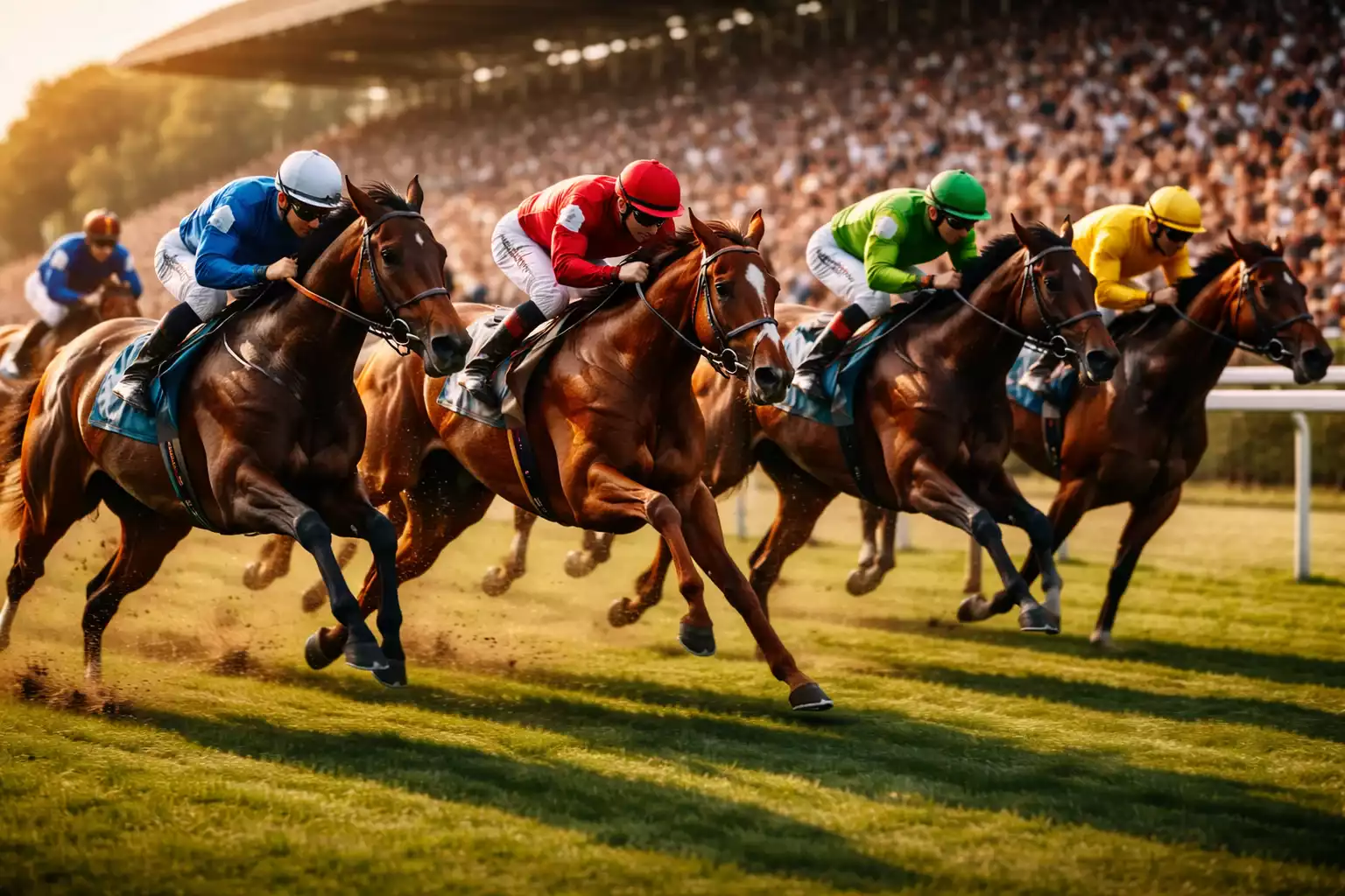 Spannendes Pferderennen auf der Zielgeraden mit Jockeys in bunten Trikots