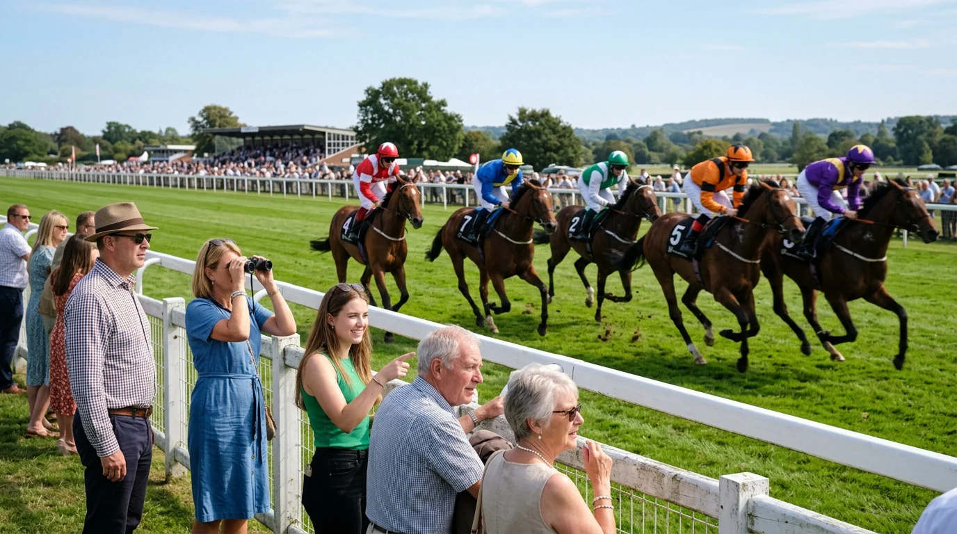 Zuschauer an der Rennbahn beobachten ein Pferderennen bei Sonnenlicht