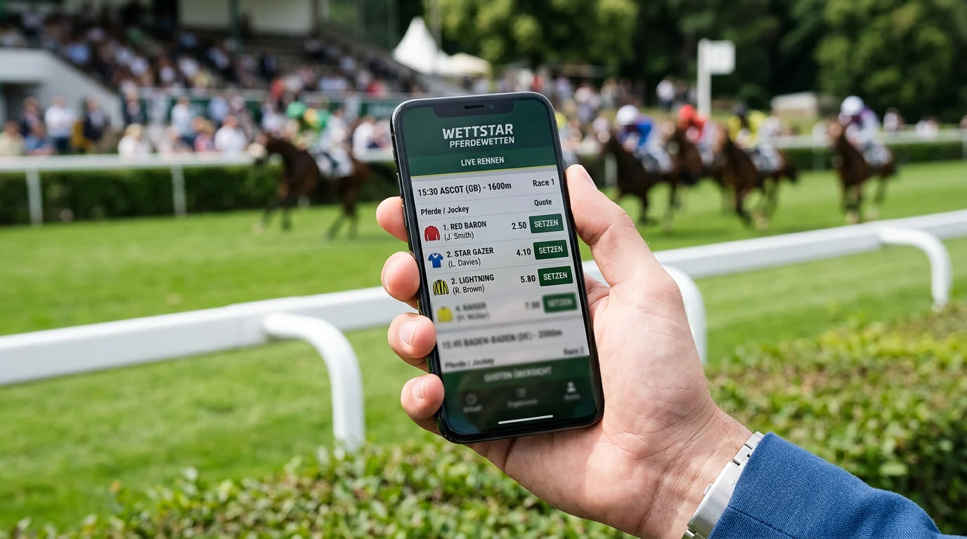 Hand hält Smartphone mit einer Pferdewetten-App auf dem Bildschirm