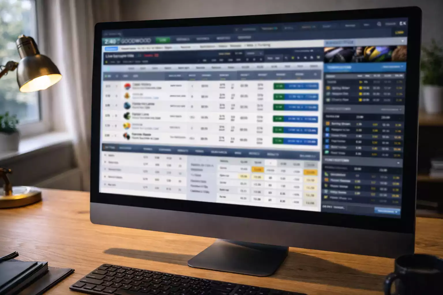Desktop-Computer zeigt umfangreiche Wettplattform mit Statistiken