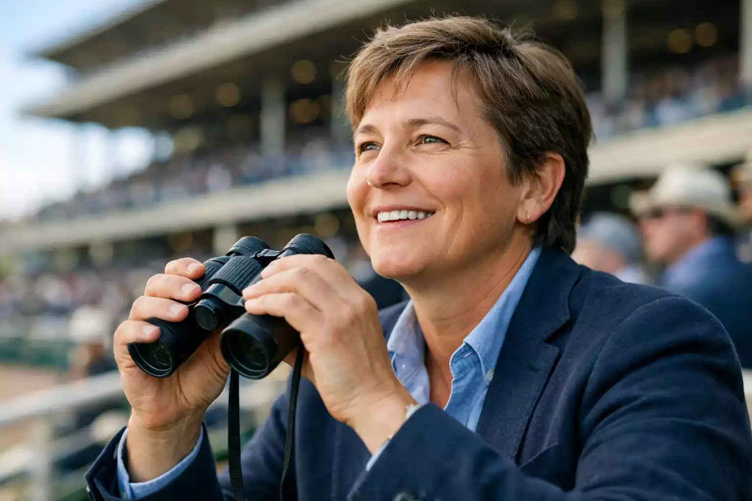 Begeisterter Zuschauer mit Fernglas an der Rennbahn