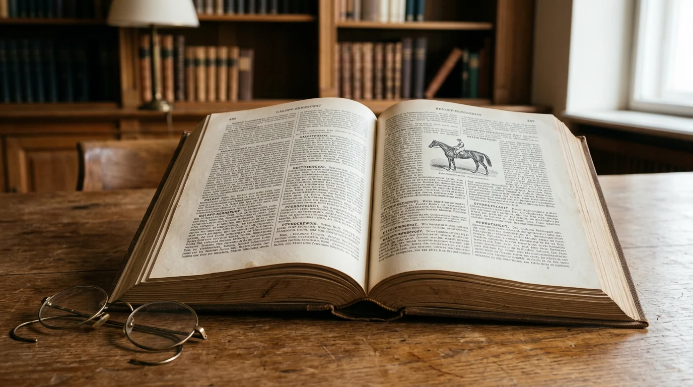 Aufgeschlagenes Lexikon mit Lesebrille auf einem Holztisch