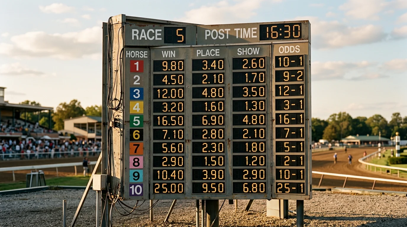 Quotentafel an einer Pferderennbahn mit Startnummern