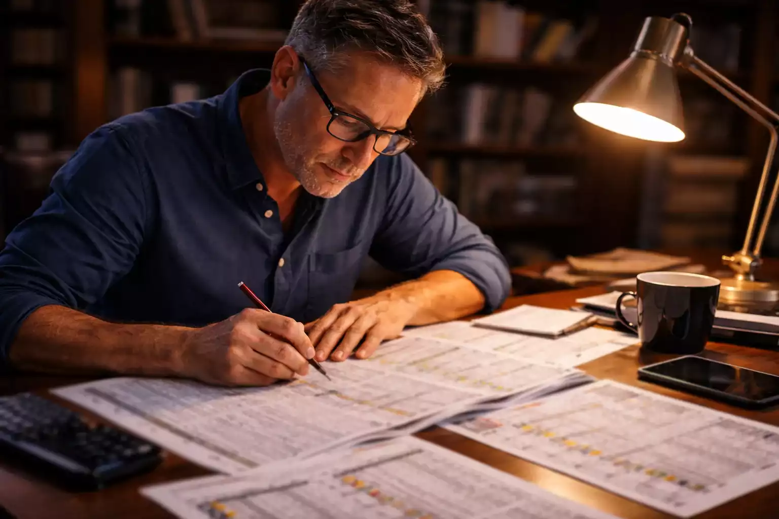 Konzentrierter Analyst studiert Rennformulare am Schreibtisch