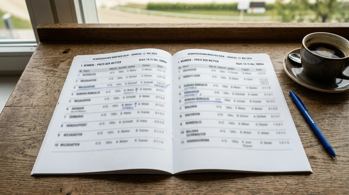 Rennprogramm und Stift auf einem Tisch neben einer Rennbahn