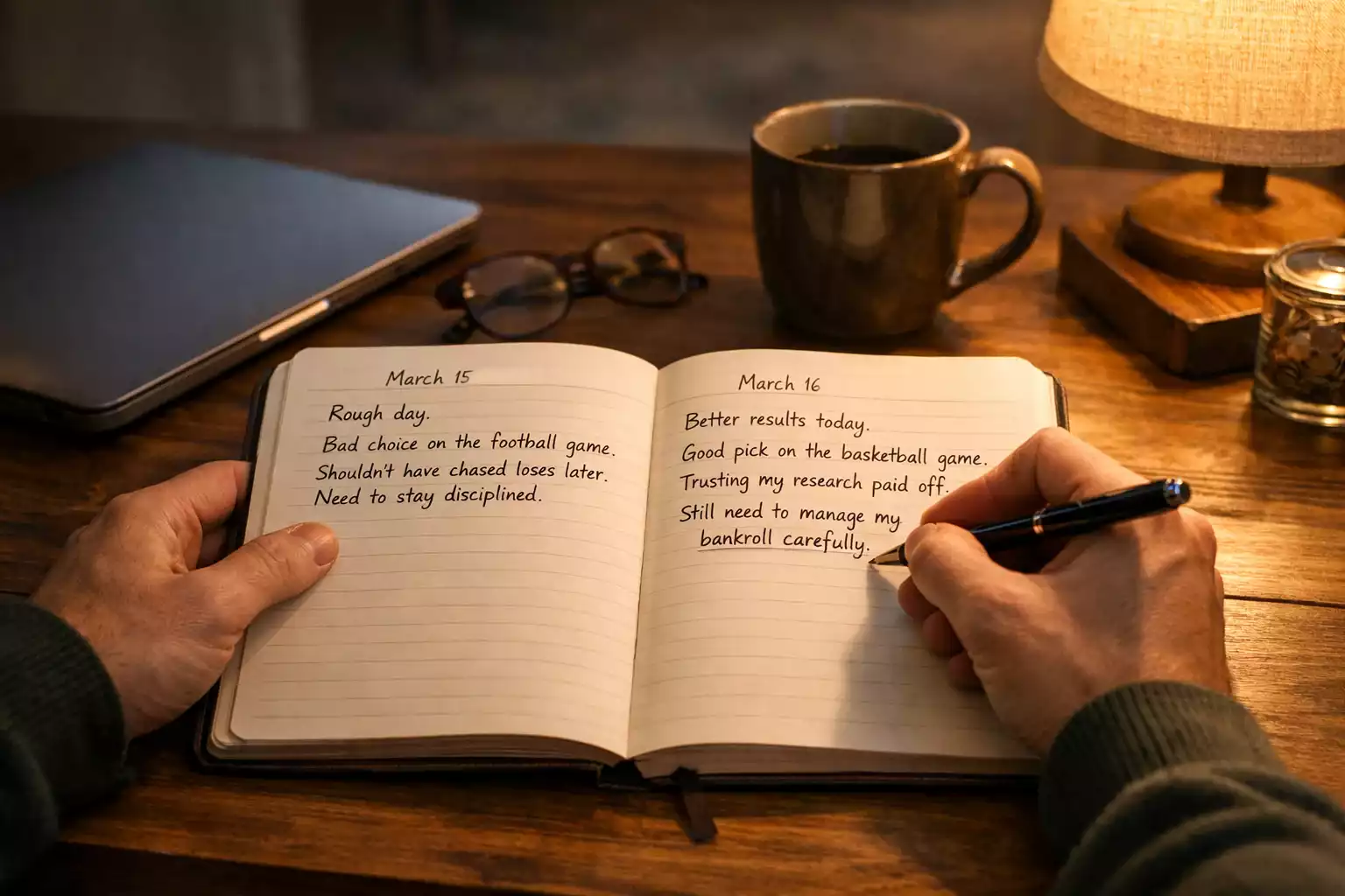 Person führt Wetttagebuch mit dokumentierten Ergebnissen