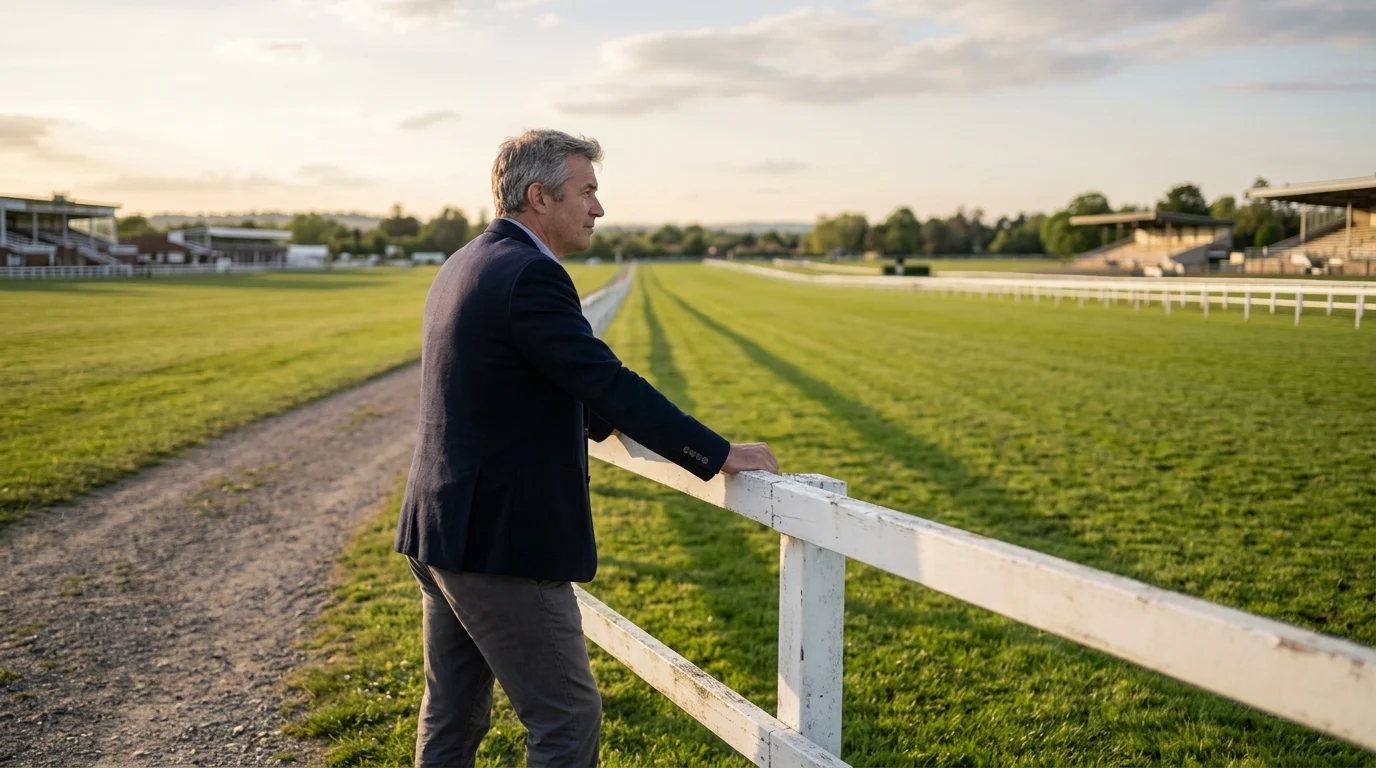 Nachdenklicher Wettteilnehmer an der Rennbahn vor dem nächsten Rennen