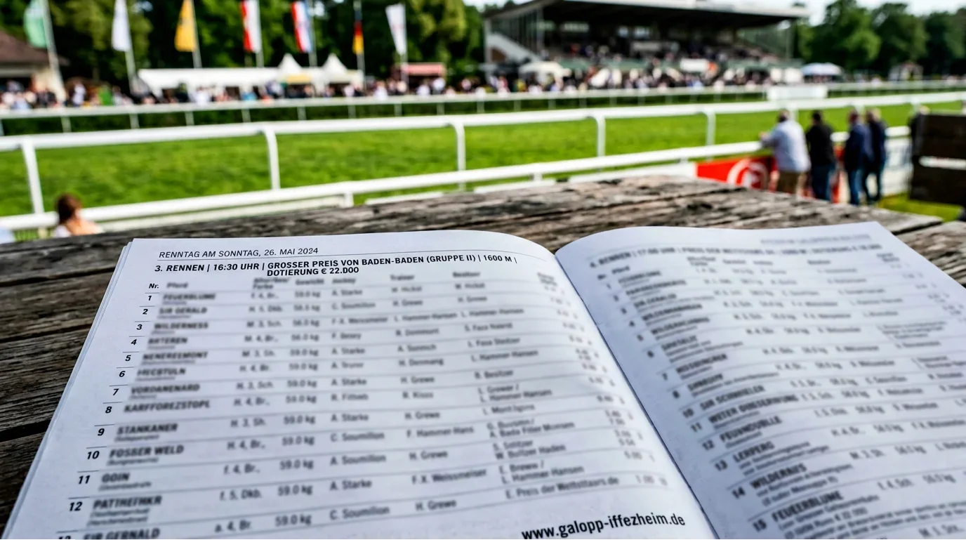 Detailaufnahme einer gedruckten Racecard mit Rennprogramm