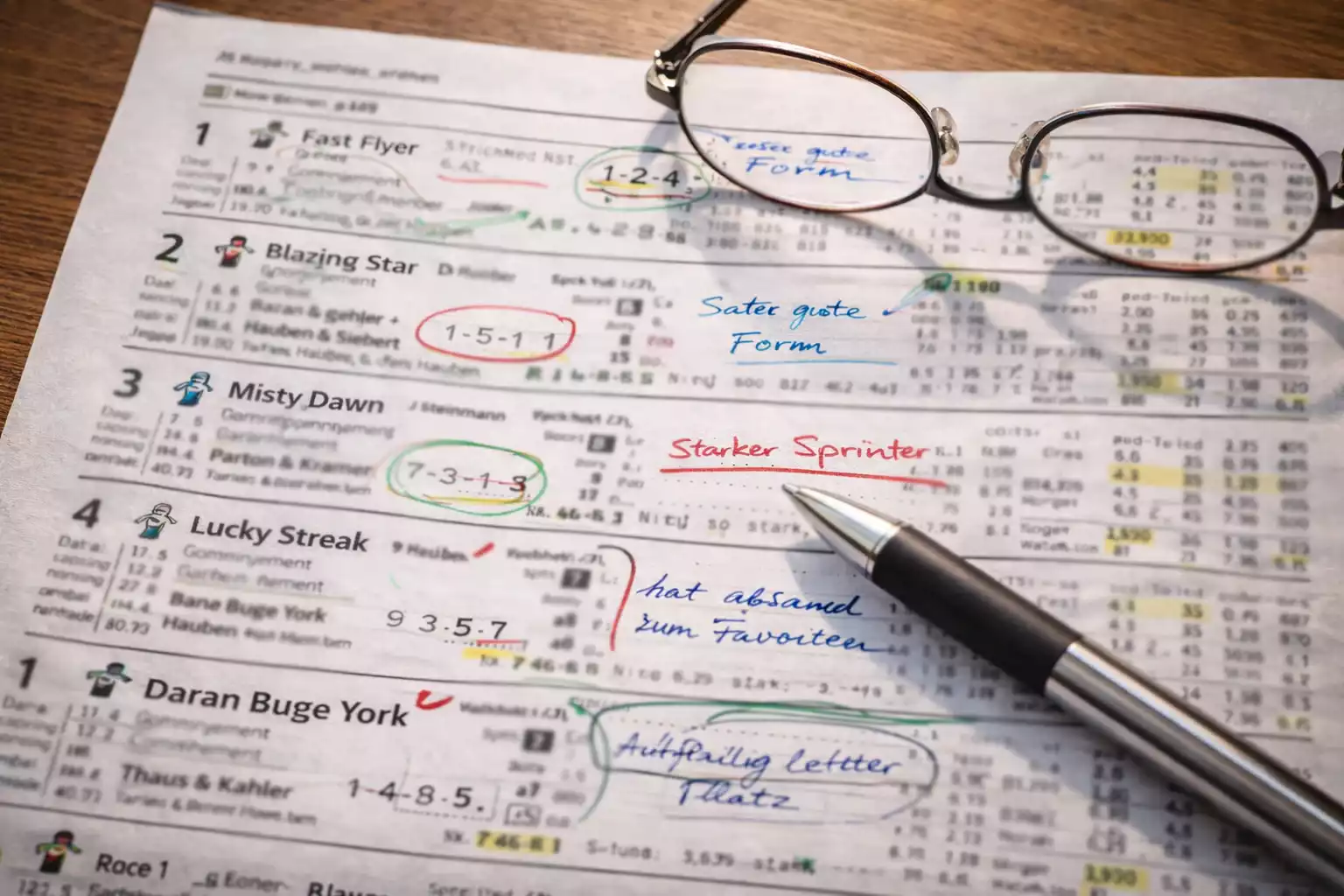 Racecard mit markierten Formzahlen und Notizen