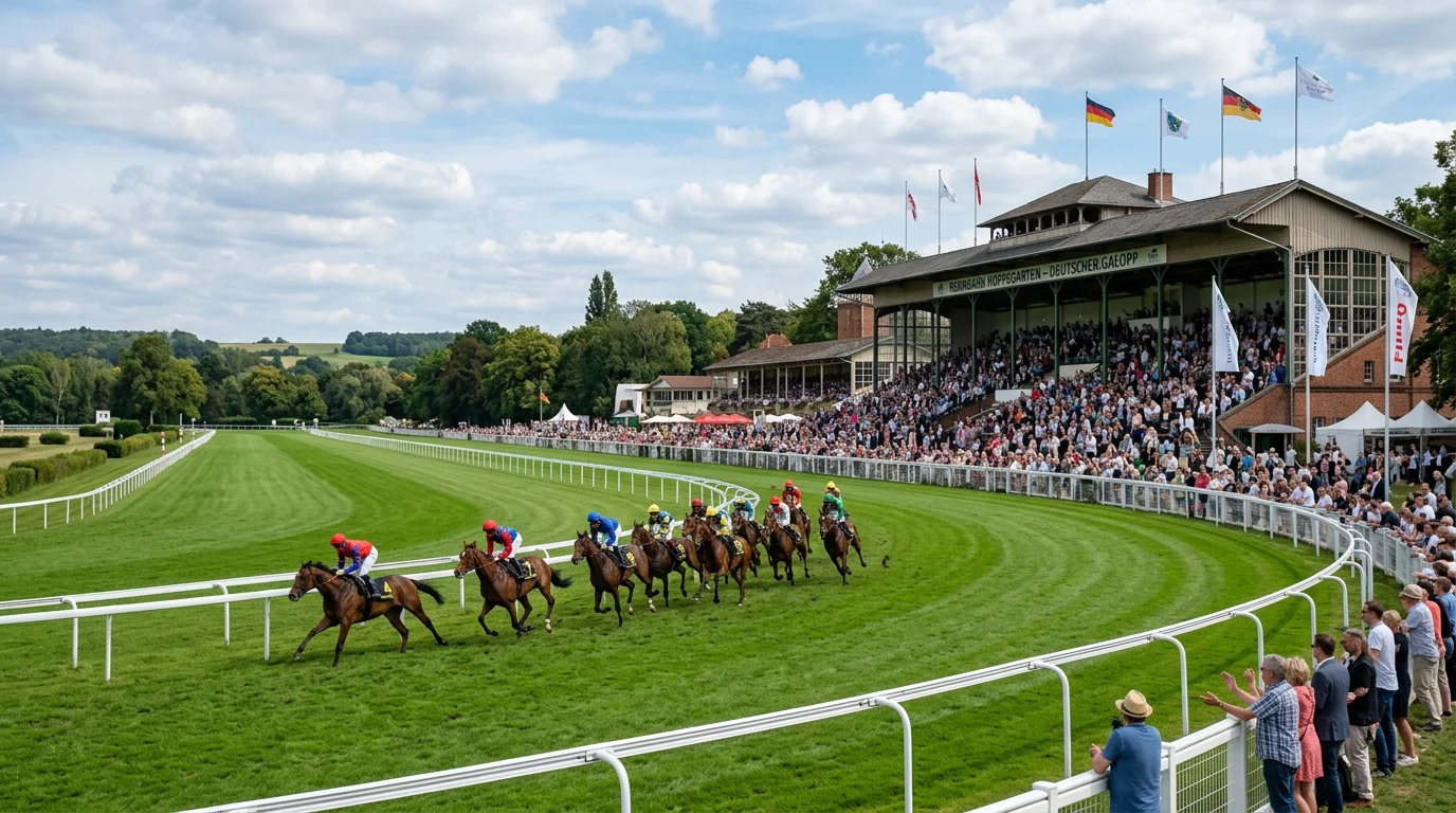 Panoramablick auf die Galopprennbahn Hamburg-Horn bei einem Renntag