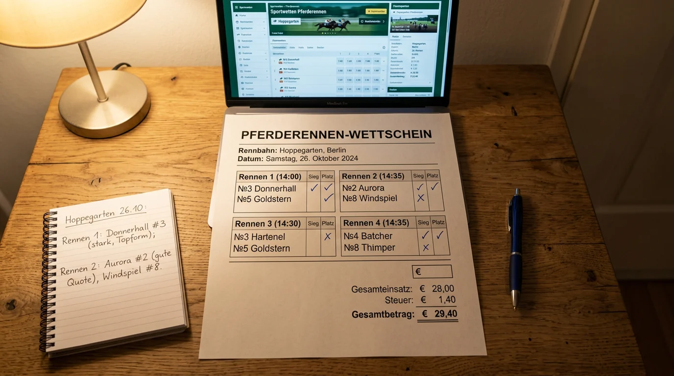 Wettschein mit mehreren Pferderennen-Auswahlen auf einem Tisch