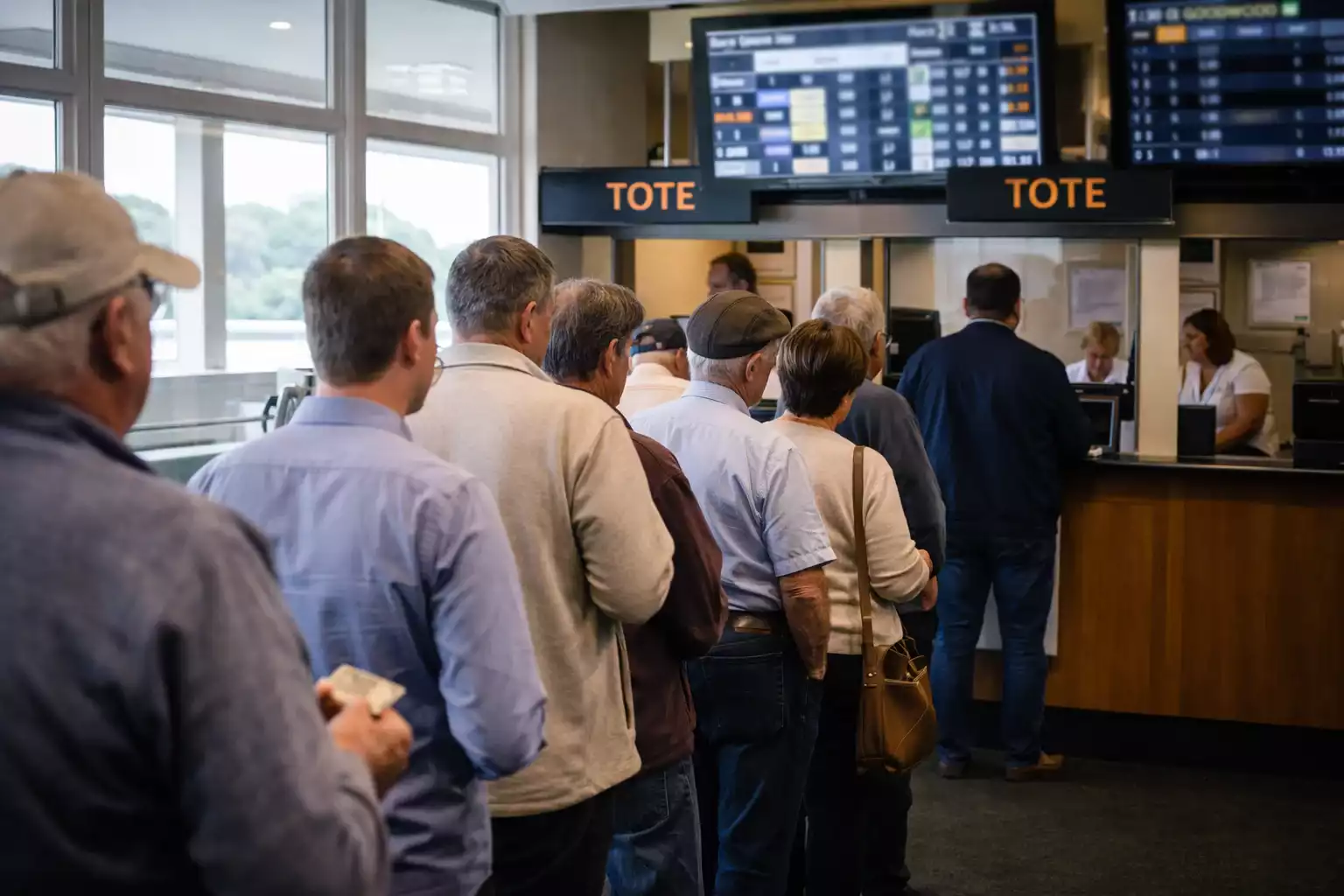Menschen am Wettschalter bei der Abgabe von Toto-Wetten
