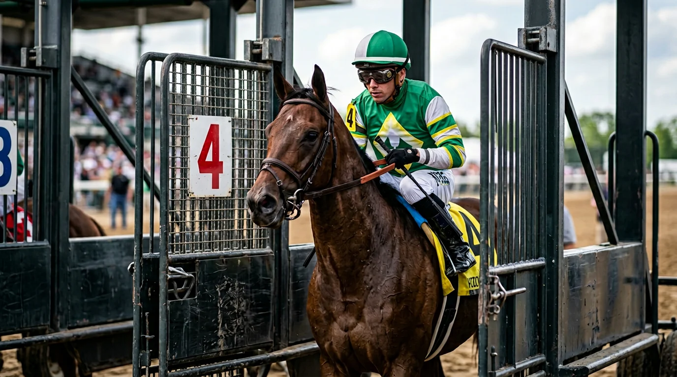 Nahaufnahme eines Rennpferds am Start mit Jockey in bunten Farben
