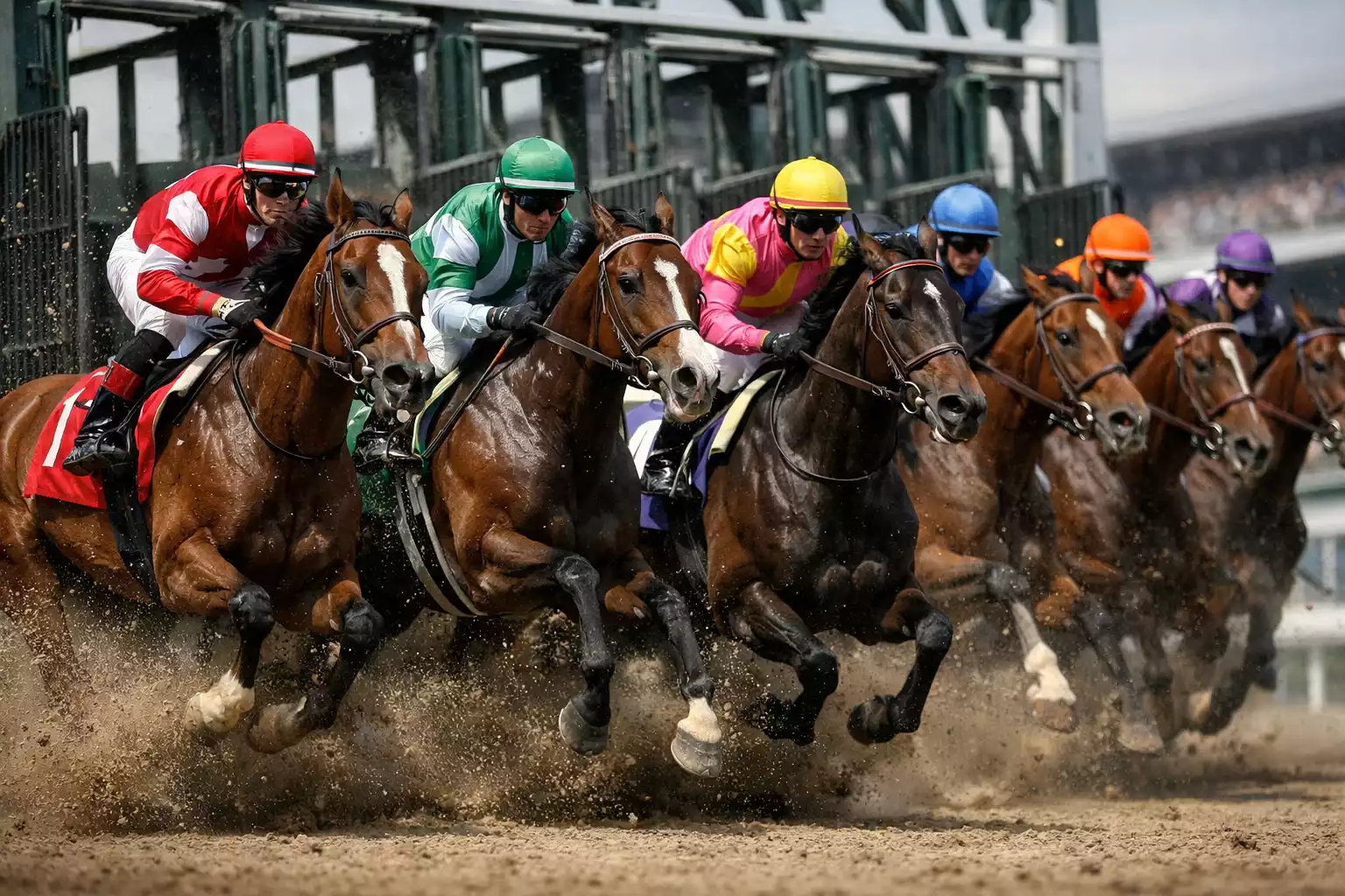 Gruppe von Pferden beim Start aus den Boxen