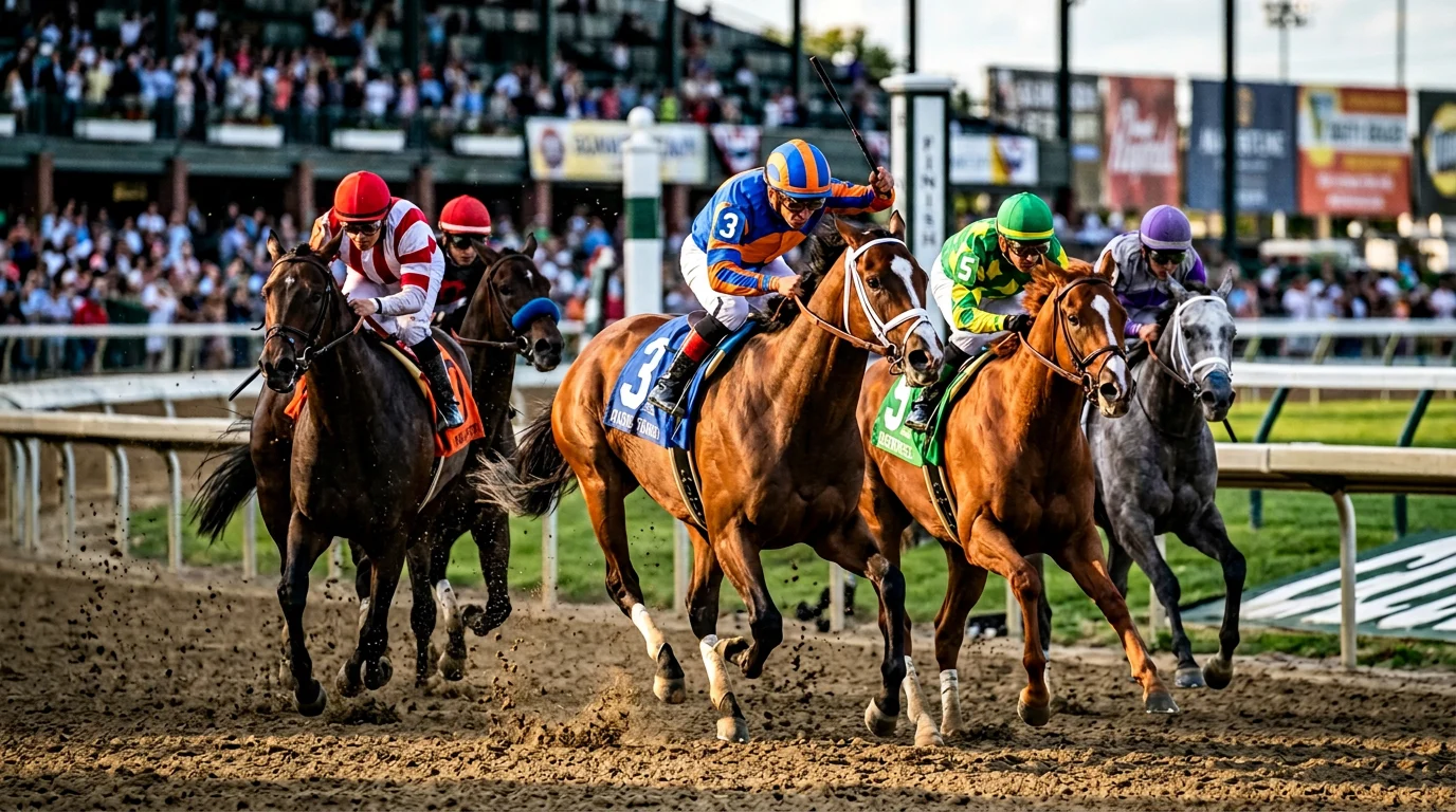 Pferde im Galopp auf der Zielgeraden eines Pferderennens