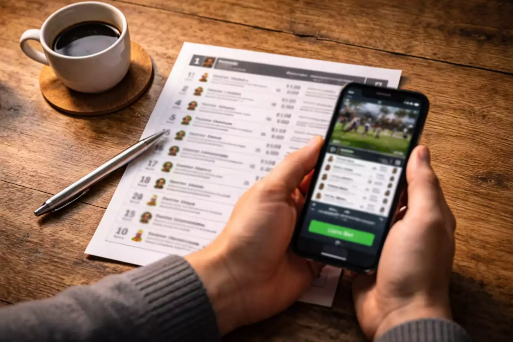 Wettschein für Pferdewetten mit Stift auf Holztisch