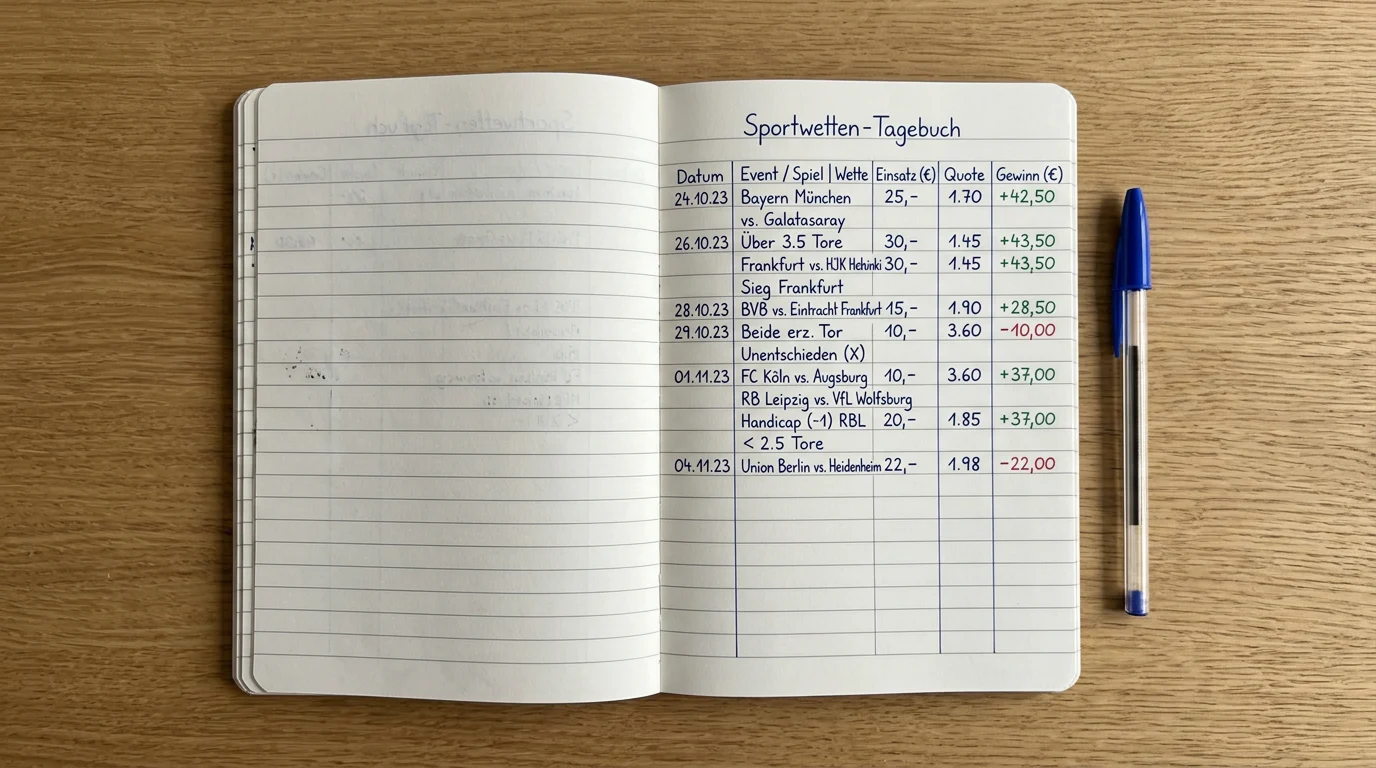 Aufgeschlagenes Notizbuch mit Wettergebnissen und Stift daneben